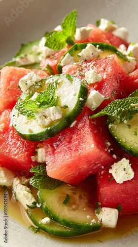 Refreshing Watermelon Cucumber Salad With Mint and Croutons During Summer Gat...