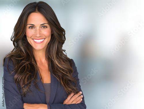 Confident woman in professional attire smiling in a modern office setting during daytime business hours