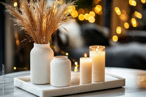 Beautiful Arrangement of Dried Flowers and Candles on a Marble Table With Sof...