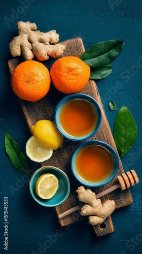 Fresh Citrus Fruits and Ginger Arranged on a Wooden Cutting Board for a Healt...