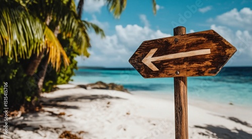 Wooden Signpost Directs Visitors to Beach Paradise With Clear Blue Waters and...