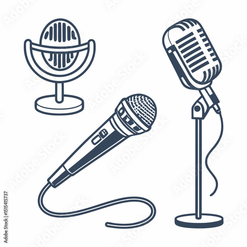 Collection of detailed vector illustrations featuring different vintage and modern microphones