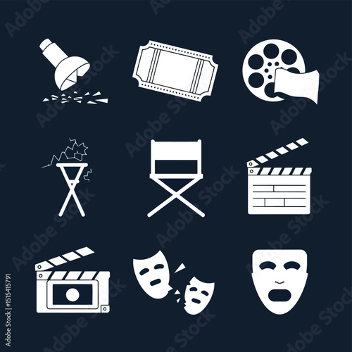 vector icons for cinema, Director's Chair , theatrical roles, video tape, cinema shattered spotlight, Theater Ticket
