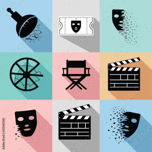 vector icons for cinema, Director's Chair , theatrical roles, video tape, cinema shattered spotlight, Theater Ticket
