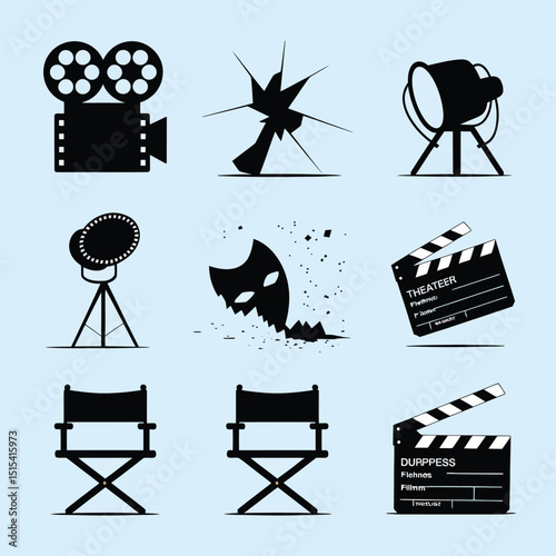 vector icons for cinema, Director's Chair , theatrical roles, video tape, cinema shattered spotlight, Theater Ticket
