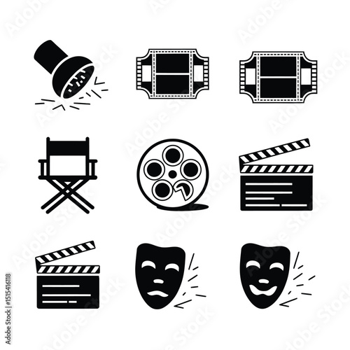 vector icons for cinema, Director's Chair , theatrical roles, video tape, cinema shattered spotlight, Theater Ticket
