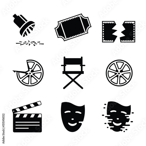 vector icons for cinema, Director's Chair , theatrical roles, video tape, cinema shattered spotlight, Theater Ticket
