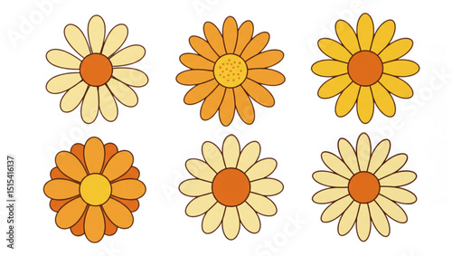 Daisy chamomile set. Yellow Hand drawn Camomile icon. Cute round flower head plant collection. Love card symbol. Growing concept. Childish style. Simple flat design. White background.