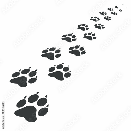 Dark paw prints pattern trail diagonally across white background in perspective