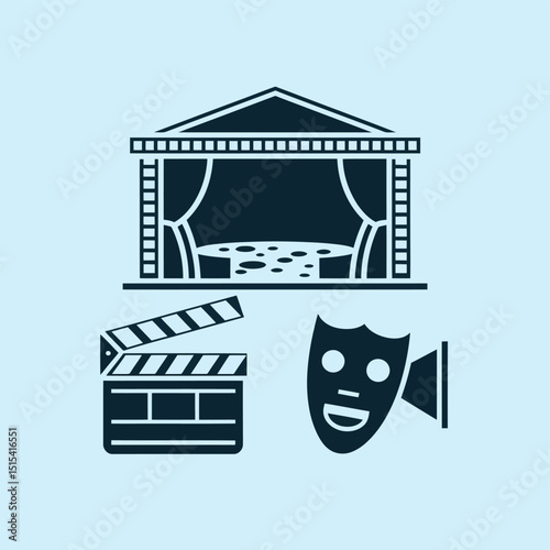 vector icons for cinema, Director's Chair , theatrical roles, video tape, cinema shattered spotlight, Theater Ticket
