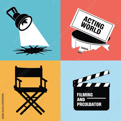 vector icons for cinema, Director's Chair , theatrical roles, video tape, cinema shattered spotlight, Theater Ticket
