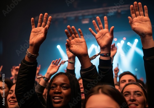 A young Black woman with an engaged and uplifted expression has her hands raised high, part of a diverse crowd participating in an energetic indoor event, such as a concert or worship service. 