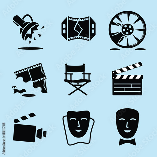 vector icons for cinema, Director's Chair , theatrical roles, video tape, cinema shattered spotlight, Theater Ticket
