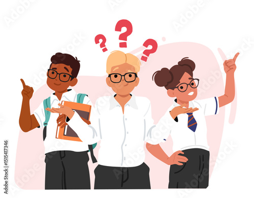 Pensive nerd children school characters brainstorming pointing finger bubble design element