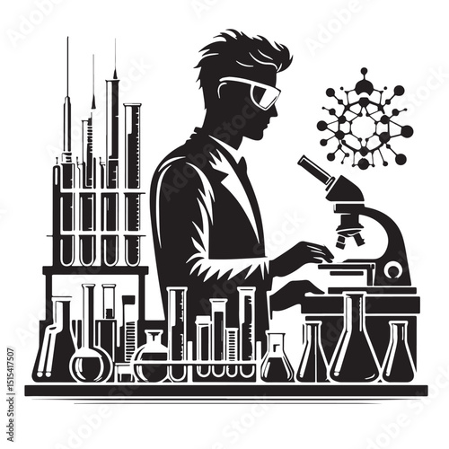 Black Color Science Lab Technician Silhouette Vector Illustration, Solid White Background