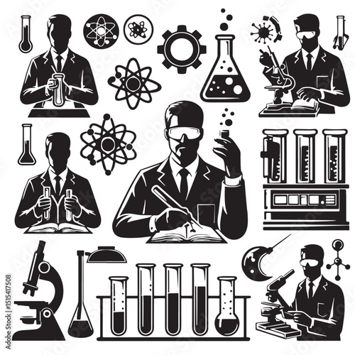 Black Color Science Lab Technician Silhouette Vector Illustration, Solid White Background