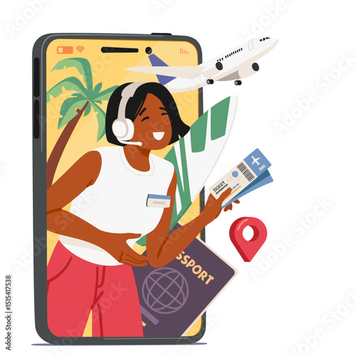 Woman travel agency agent on mobile screen offering flight tickets for journey to tropical resort