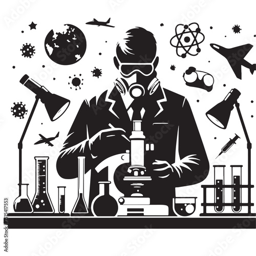 Black Color Science Lab Technician Silhouette Vector Illustration, Solid White Background