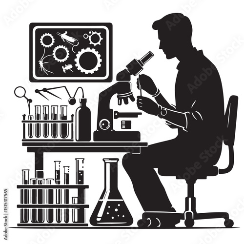 Black Color Science Lab Technician Silhouette Vector Illustration, Solid White Background