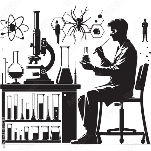 Black Color Science Lab Technician Silhouette Vector Illustration, Solid White Background