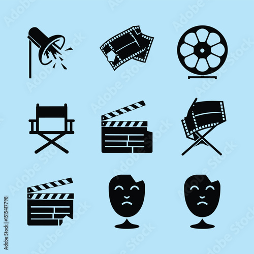 vector icons for cinema, Director's Chair , theatrical roles, video tape, cinema shattered spotlight, Theater Ticket
