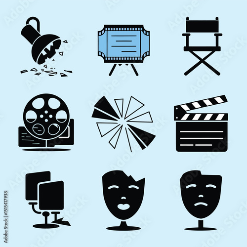 vector icons for cinema, Director's Chair , theatrical roles, video tape, cinema shattered spotlight, Theater Ticket
