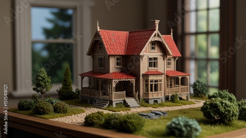 Miniature Victorian home model on display