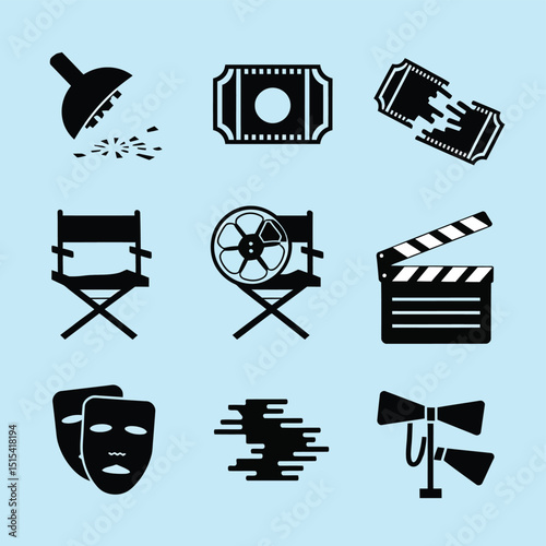 vector icons for cinema, Director's Chair , theatrical roles, video tape, cinema shattered spotlight, Theater Ticket
