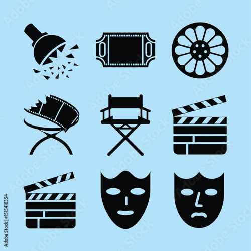 vector icons for cinema, Director's Chair , theatrical roles, video tape, cinema shattered spotlight, Theater Ticket

