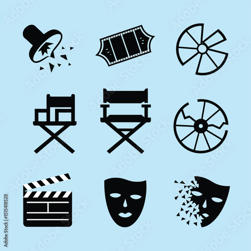 vector icons for cinema, Director's Chair , theatrical roles, video tape, cinema shattered spotlight, Theater Ticket
