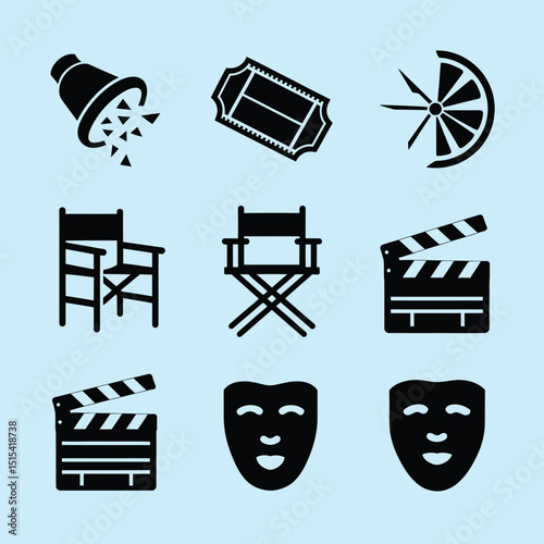 vector icons for cinema, Director's Chair , theatrical roles, video tape, cinema shattered spotlight, Theater Ticket
