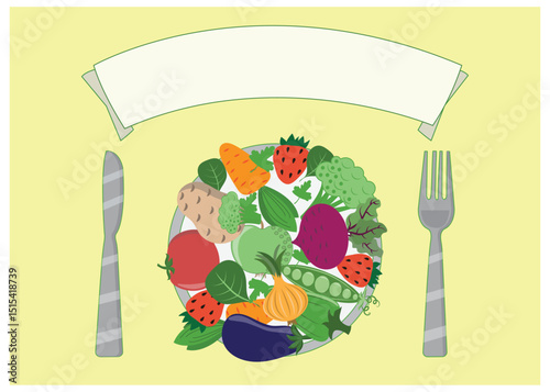 Healthy lifestyle, proper nutrition, poster, flyer, placard, plate with vegetables, fruits, berries, greens, fork, knife