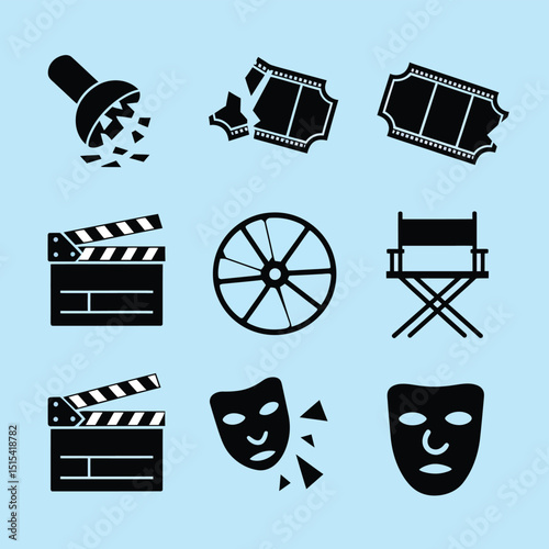vector icons for cinema, Director's Chair , theatrical roles, video tape, cinema shattered spotlight, Theater Ticket
