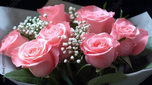 A bouquet of pink roses with white buds. The roses are arranged in a vase and are surrounded by a white paper. The bouquet is a beautiful and elegant gift for a special occasion
