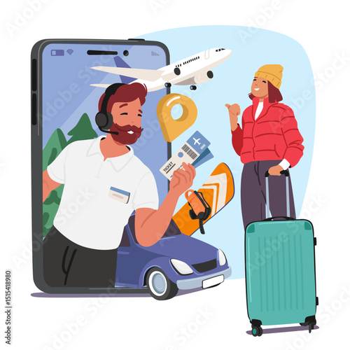 Man travel agency agent helps to choose mountain ski resort for woman tourist cartoon scene