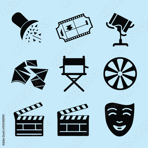 vector icons for cinema, Director's Chair , theatrical roles, video tape, cinema shattered spotlight, Theater Ticket
