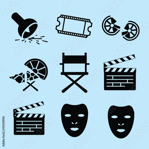 vector icons for cinema, Director's Chair , theatrical roles, video tape, cinema shattered spotlight, Theater Ticket
