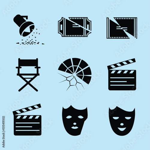 vector icons for cinema, Director's Chair , theatrical roles, video tape, cinema shattered spotlight, Theater Ticket
