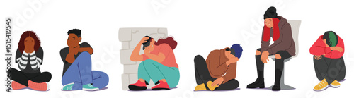 Sad teenagers cartoon characters feeling depressed and lonely suffering from heavy thoughts