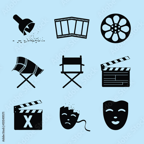 vector icons for cinema, Director's Chair , theatrical roles, video tape, cinema shattered spotlight, Theater Ticket
