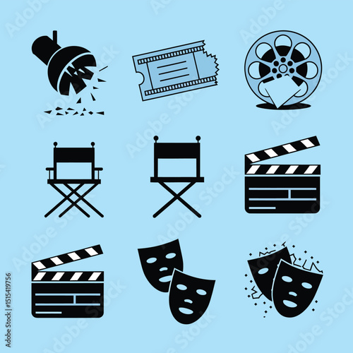 vector icons for cinema, Director's Chair , theatrical roles, video tape, cinema shattered spotlight, Theater Ticket
