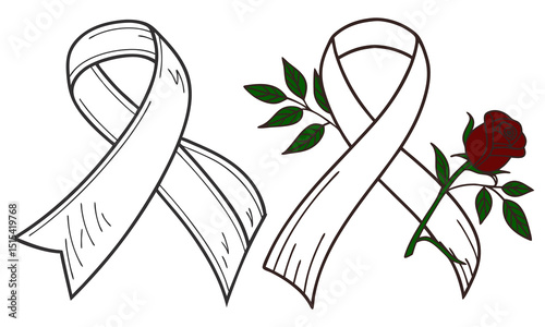 Cancer ribbon with red rose and green leaf. White ribbon, symbol of lung cancer and osteoporosis awareness. White Ribbon Alliance for Safe Motherhood isolated on white background