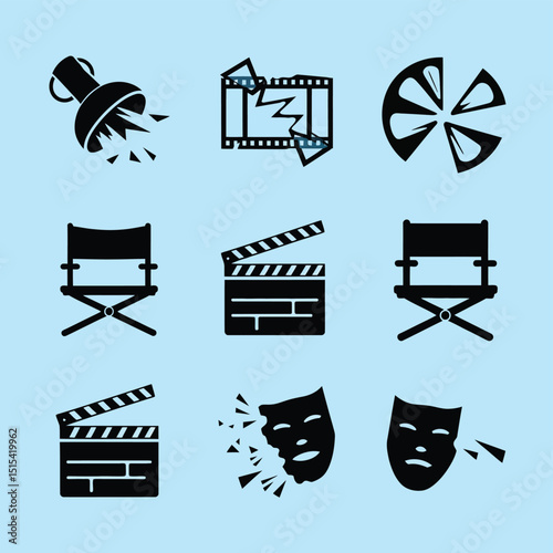 vector icons for cinema, Director's Chair , theatrical roles, video tape, cinema shattered spotlight, Theater Ticket

