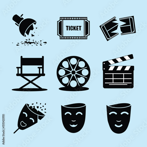vector icons for cinema, Director's Chair , theatrical roles, video tape, cinema shattered spotlight, Theater Ticket
