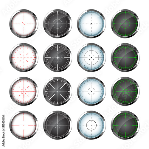 Chrome weapon sights, sniper rifle optical scopes. Hunting gun viewfinder with crosshair. Aim, shooting mark symbol. Military target sign, silhouette. Game interface UI element. Vector illustration