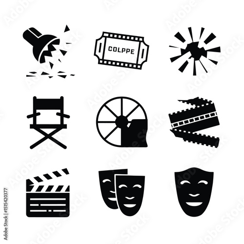 vector icons for cinema, Director's Chair , theatrical roles, video tape, cinema shattered spotlight, Theater Ticket
