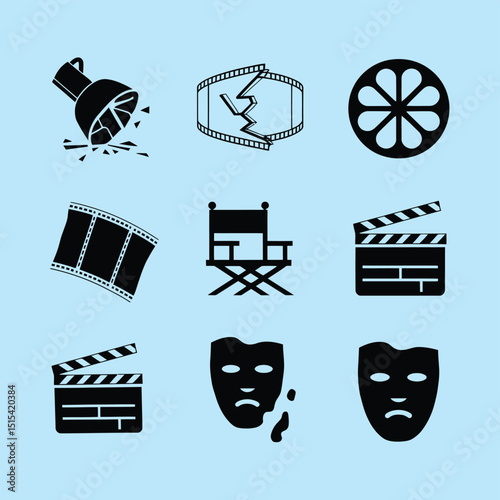 vector icons for cinema, Director's Chair , theatrical roles, video tape, cinema shattered spotlight, Theater Ticket
