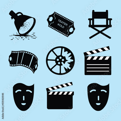 vector icons for cinema, Director's Chair , theatrical roles, video tape, cinema shattered spotlight, Theater Ticket
