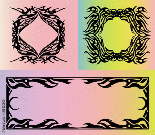 Vector illustration with three cyber sigilism/neo tribal black motifs on pastel gradients. Features bold, futuristic lines and sharp details, echoing top Y2K and cyber-aesthetic trends.