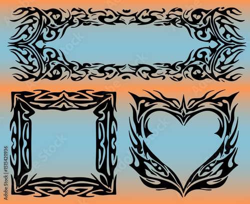 Vector illustration with bold cyber sigilism shapes: a rectangular frame, heart motif, and ornate border on pastel gradients. Features futuristic Y2K style, popular in current digital design.